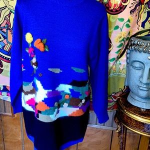 Vintage rare  woman’s blue scenic embroidered small sweater Aztec Indian
